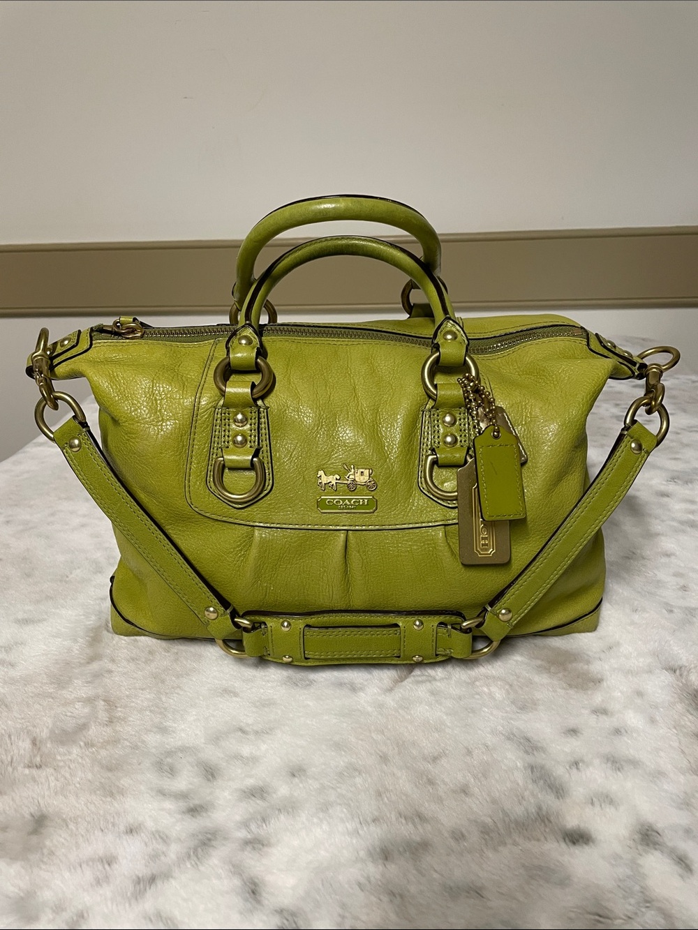 Coach Green Leather Satchel with Detachable Strap and Tag